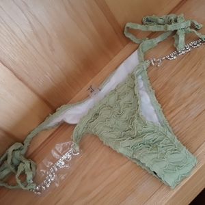 Bikini Bottom w Dangling Rhinestone Tie Sides Brazilian Cut Ruffle Detail Large
